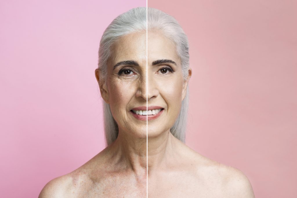 Portrait of a mature women before and after retouched