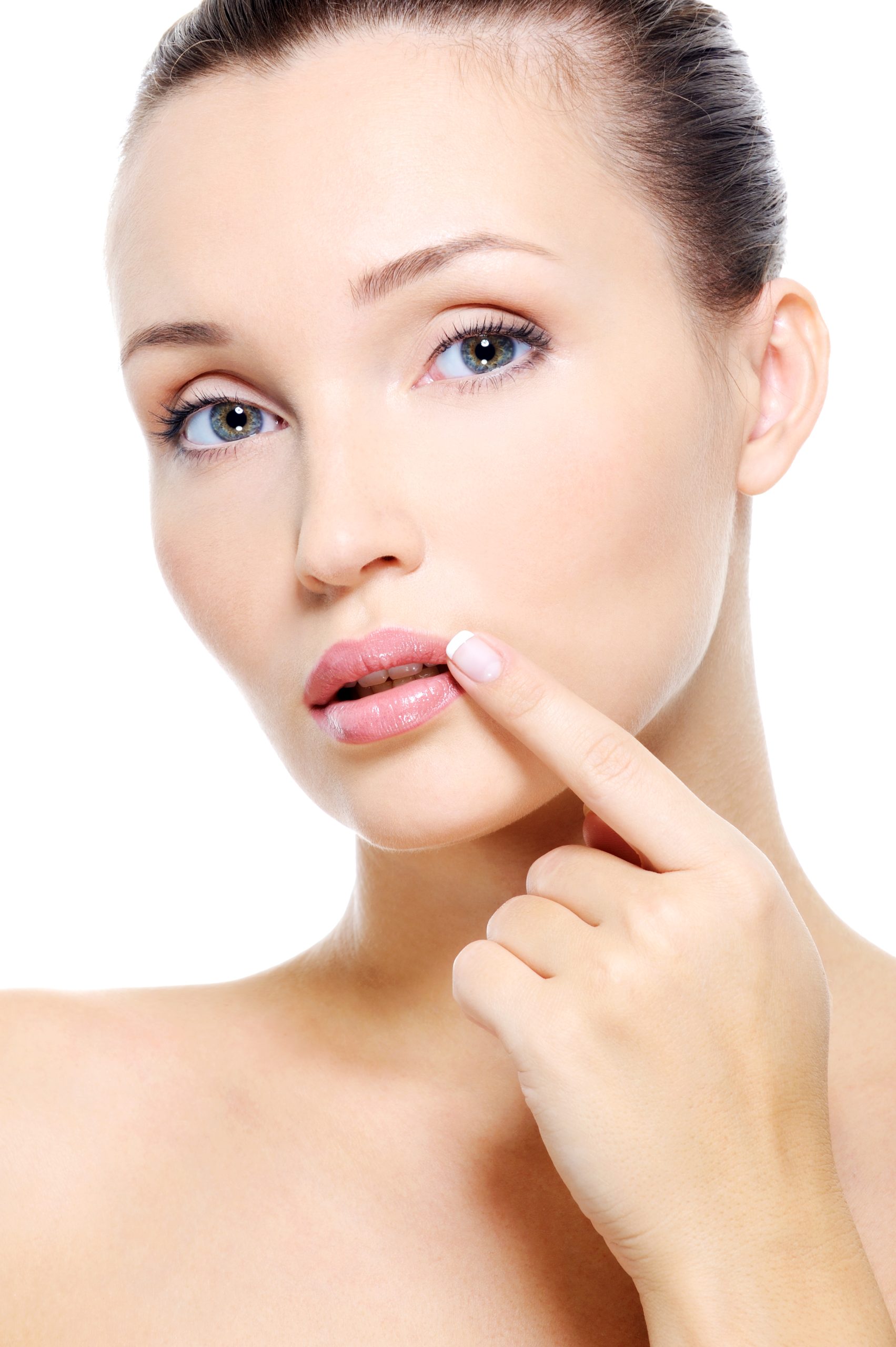 Face of a Pretty young woman touch to lips - on white background