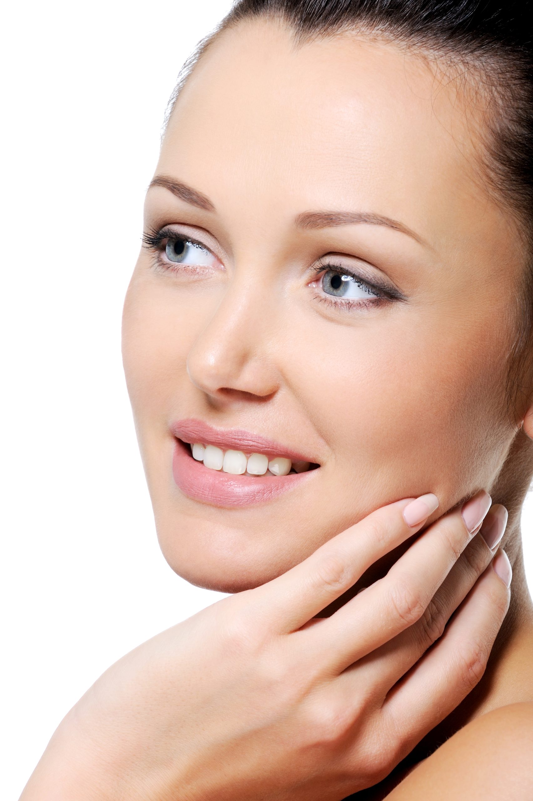 Fresh laughing woman touching her body and looking away